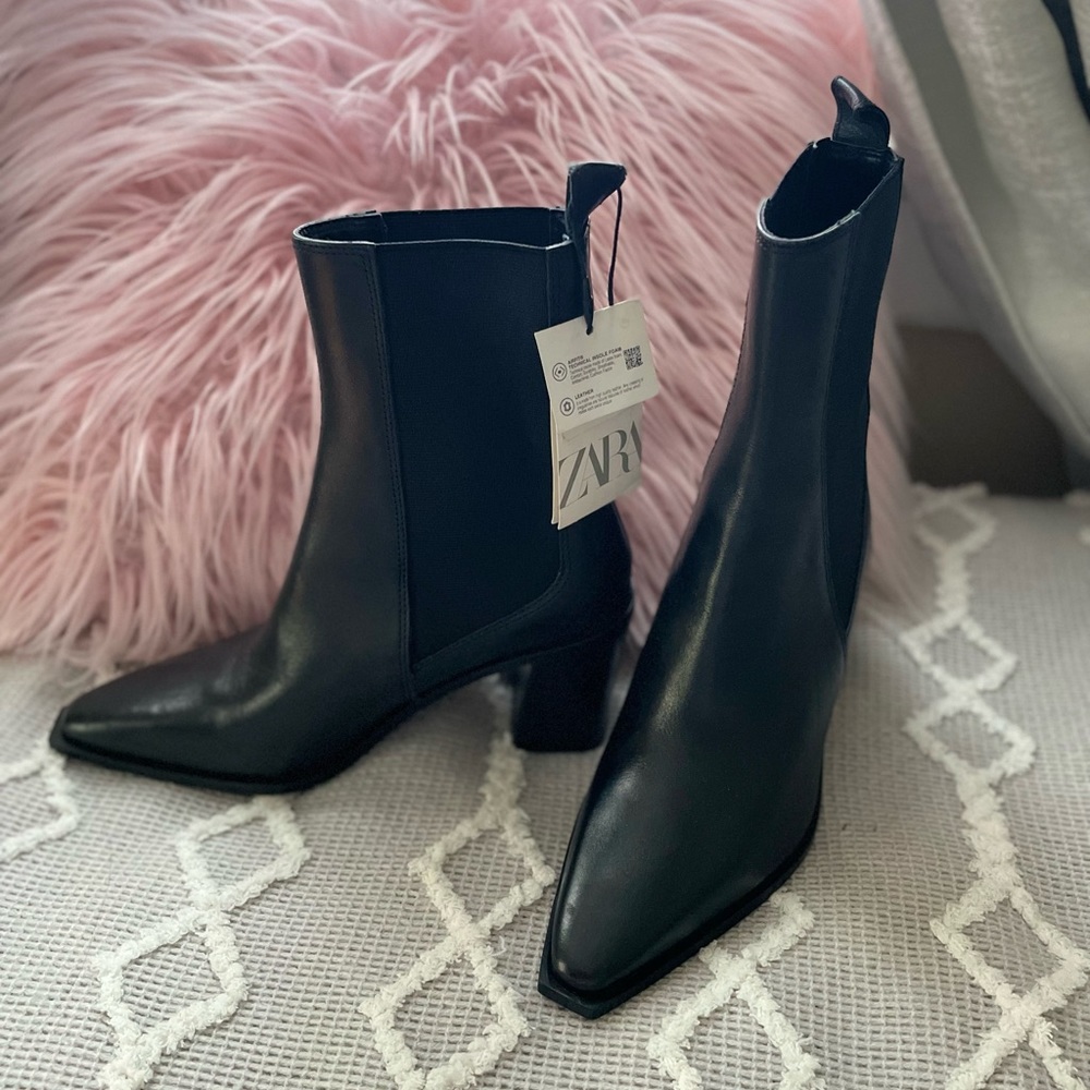 NWT ZARA Ankle Boot Leather Black Size 6 - Picture 3 of 5
